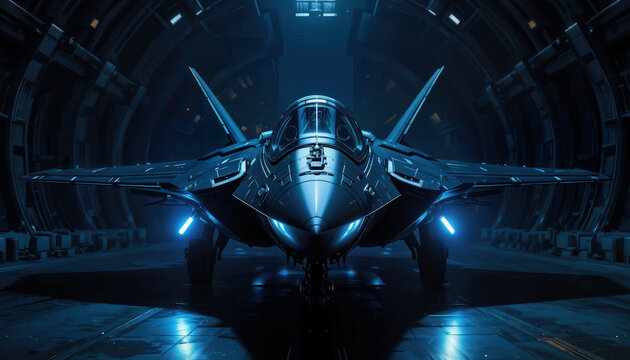 Futuristic fighter jet takeoff military hangar digital art dark environment front view aviation concept