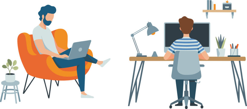 Remote work scenes, freelancers using laptop and desktop, home office lifestyle vector illustration