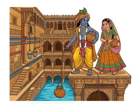 Lord Krishna and Radha drawing water from stepwell