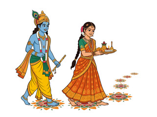 Fototapeta premium Lord Krishna and Radha walking with offerings for prayer
