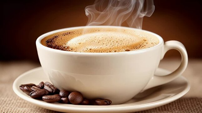 Steaming cup of freshly brewed coffee with rich crema and scattered beans on a rustic saucer a warm and inviting morning ritual for work or relaxation
