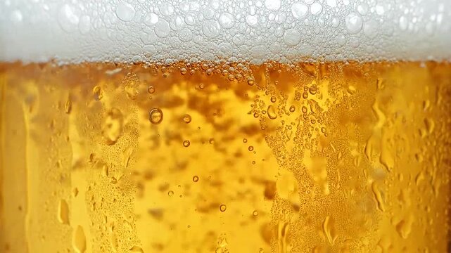Close-up of refreshing golden beverage with abundant white foam and condensation on glass