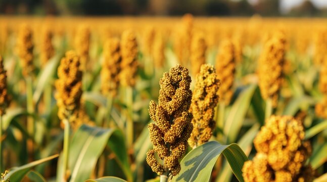 Golden sorghum field ready for harvest. Tall stalks with mature grain heads under warm sunlight. Rural farmland showcases crop growth and agricultural production.