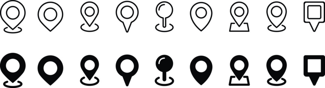 Modern location pin icon set featuring various map markers, GPS symbols, and navigation indicators in both line and solid styles
