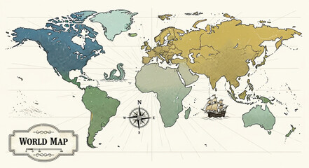 Vintage World Map Illustration with Compass Rose and Ship. © Melo