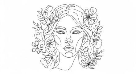 Fototapeta premium Woman Face Surrounded by Flowers and Leaves Line Art.