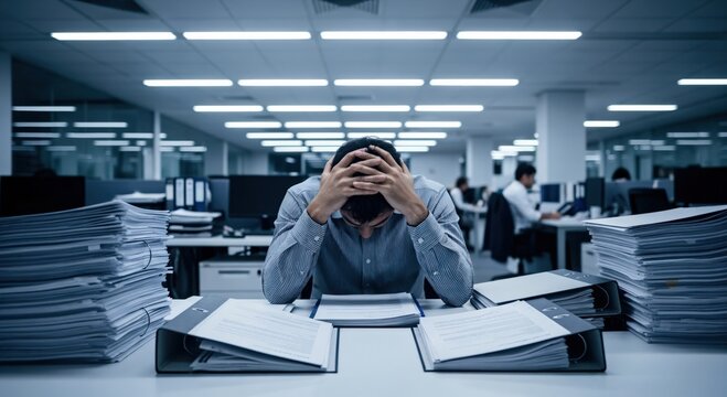 Stressed young male office worker overwhelmed by excessive paperwork at desk