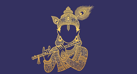 Golden Krishna playing flute, Hindu deity illustration, Indian culture, peacock feather © Jisam