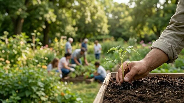 Person Planting Seedling in Community Garden with Soft Focus