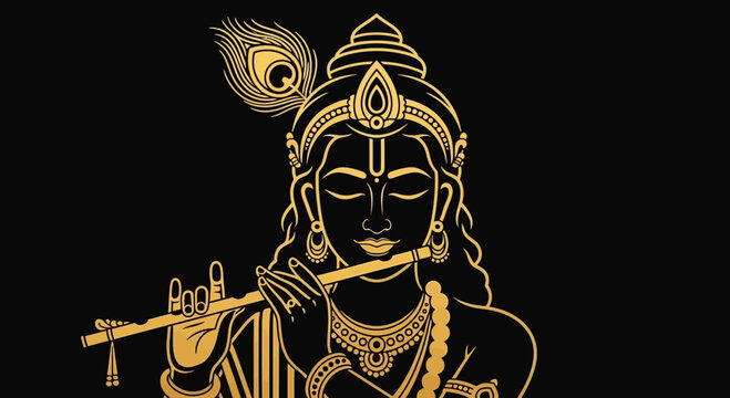Golden Krishna playing flute, Hindu deity, Indian culture, peacock feather, black background