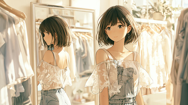 Anime style young woman checking her outfit in front of a mirror, soft natural light lifestyle fashion scene,鏡の前でコーディネートを確認するアニメ風の若い女性、柔らかな光に包まれたナチュラルなファッションシーン