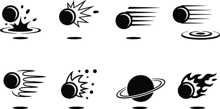 Meteor icons set, asteroid motion impact symbols, space objects vector collection for design