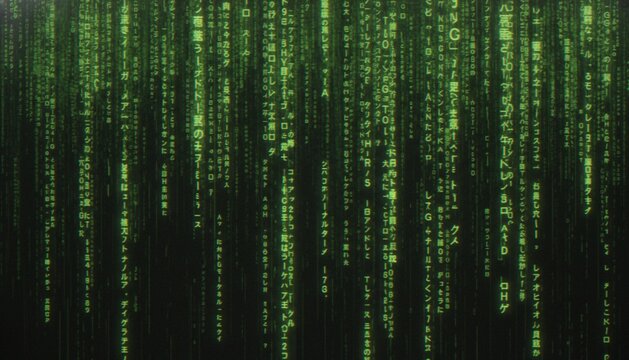 A dark background featuring falling green digital characters and symbols, reminiscent of computer code from a science fiction movie.