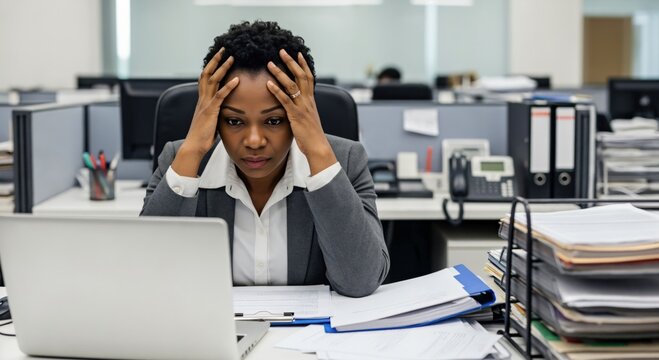 Stressed African American Businesswoman Working on Laptop in Corporate Office
