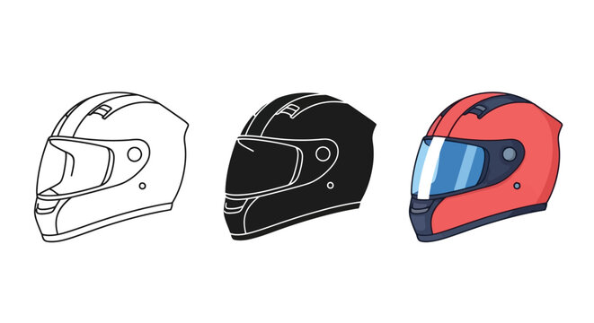Three variations of a full-face motorcycle helmet vector illustration showing line art, silhouette, and a colored design