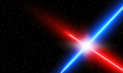 May the fourth be with you concept. Blue and red neon crossed lines on starry sky background. Vector illustration