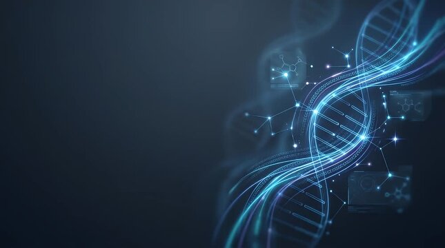 Glowing DNA Helix with Holographic Data on Dark Background