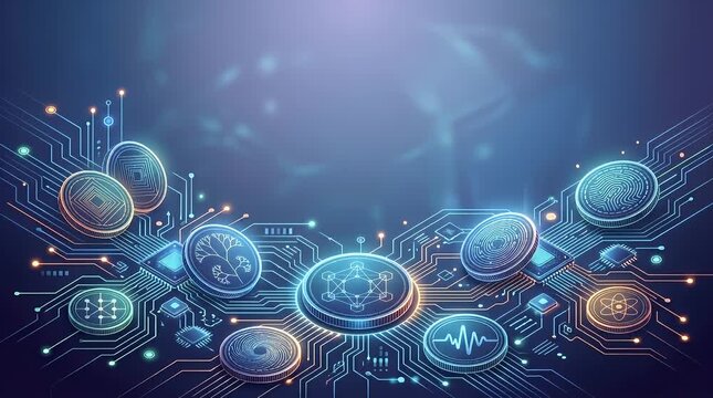 Glowing Holographic Digital Icons on Circuit Board Background
