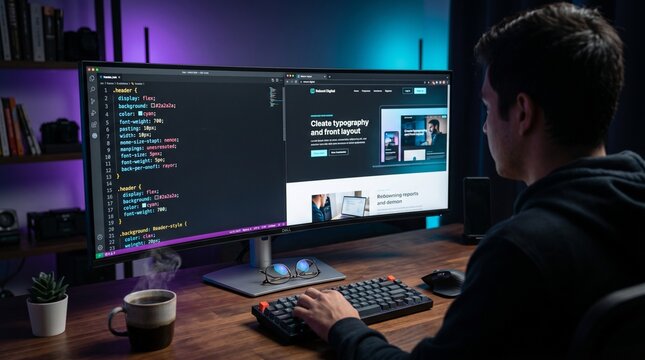 Modern Web Developer Workspace with Glowing CSS Code and New UI Design on Ultrawide Monitor