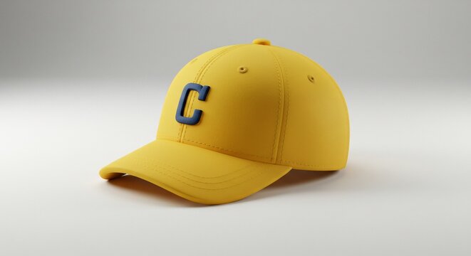 Vibrant yellow baseball cap featuring a bold black letter C beautifully illuminated by soft studio light. AI Generated