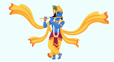 Fototapeta premium Lord Krishna playing flute, Hindu deity, Indian culture, divine melody, colorful attire