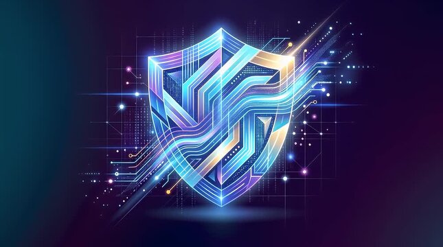 Glowing Holographic Shield Icon with Digital Circuit Background