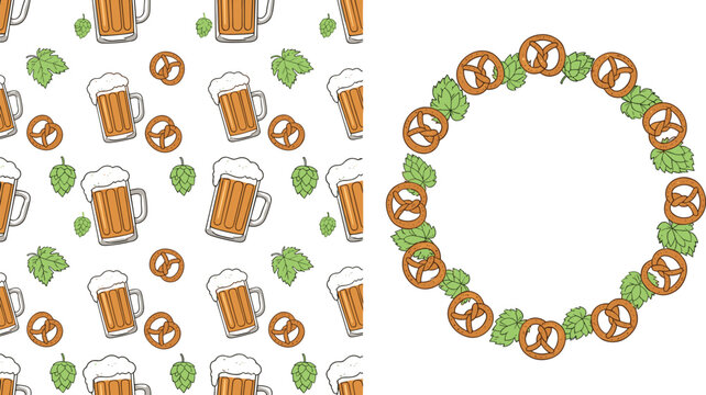 Beer, Pretzel, and Hop Pattern and Wreath Design, Perfect for Oktoberfest, Brewery, and Pub-Themed Illustrations