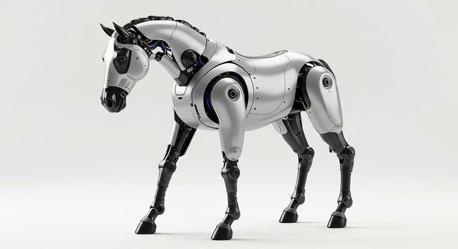 Gleaming silver robot horse showcasing futuristic mechanical aesthetics standing with precision on a clean white surface. AI Generated
