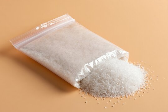 Transparent bag with white polymer pellets spilled on plain background. Clear plastic granules used for manufacturing. Raw material for plastic production and recycling.