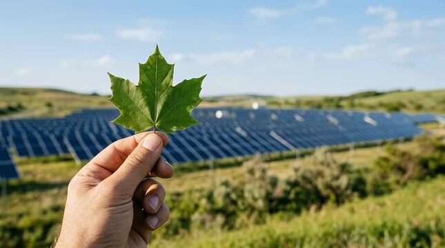 Hand Holding Maple Leaf Above Solar Panel Field in Nature