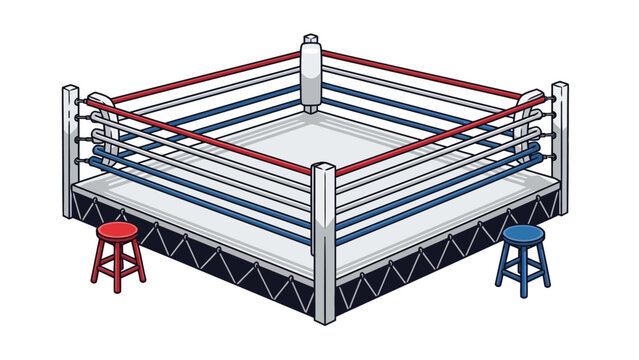 Empty boxing ring with red and blue corner stools.