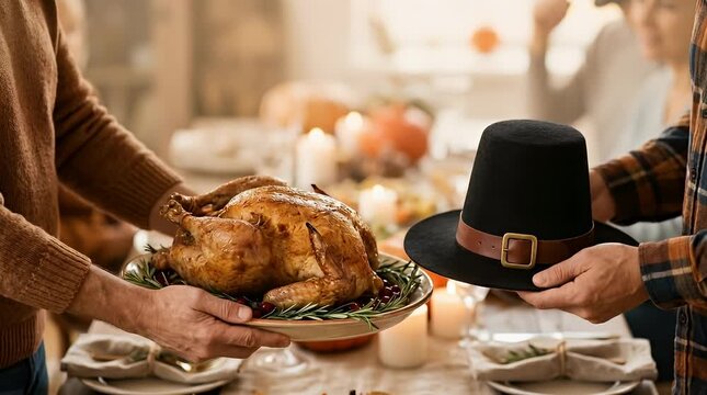 Thanksgiving Dinner Scene with Turkey and Pilgrim Hat
