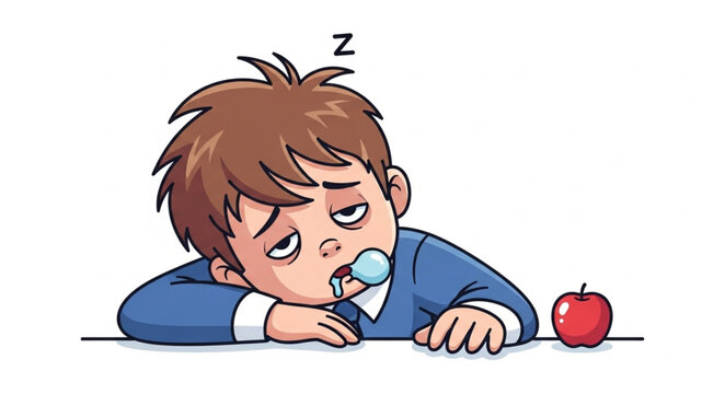 Tired Boy Sleeping at Desk with Apple.