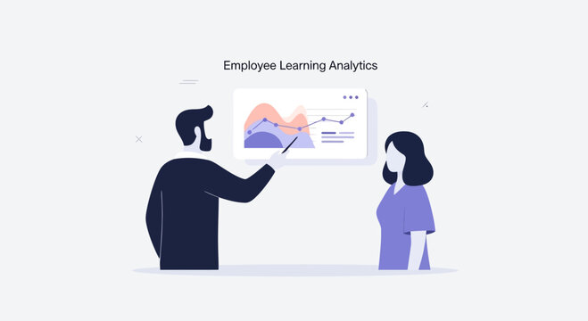 Business analytics presentation: Employee learning data analysis on screen.