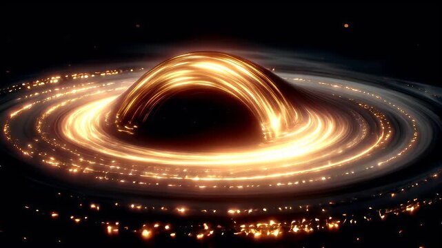Black hole, fantasy, mysterious. A captivating digital artwork depicts a swirling vortex of light and shadow against a dark background. The vortex is illuminated with a warm, golden hue.