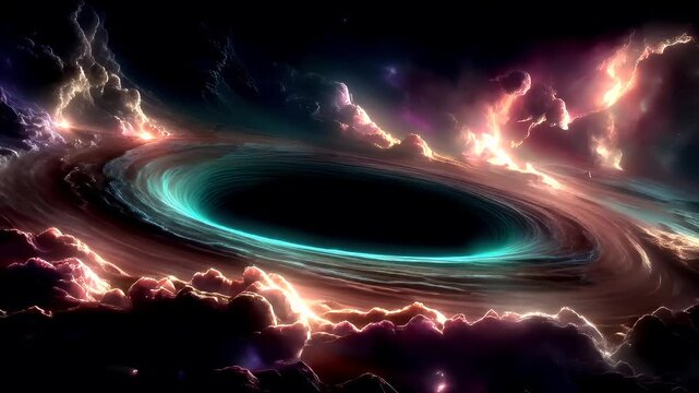 Black hole, fantasy, mysterious. A vivid digital artwork depicts a cosmic scene. A swirling vortex of light and shadow forms the central subject.