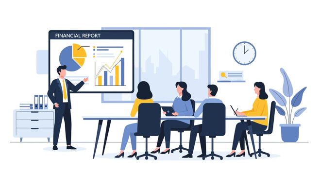 Business Meeting: Financial Report Presentation in Modern Office