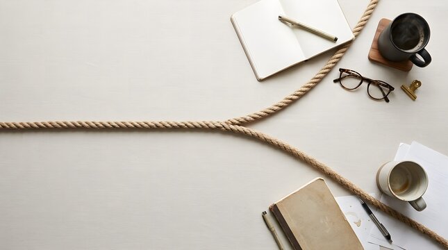 Rope splitting into two directions on office desk representing choice between organized and messy workspace concept.