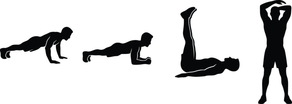 Silhouette set of a man doing different fitness exercises including pushups plank leg raises and stretching for a healthy lifestyle workout routine