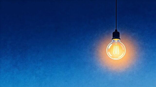Lit incandescent bulb against blue background