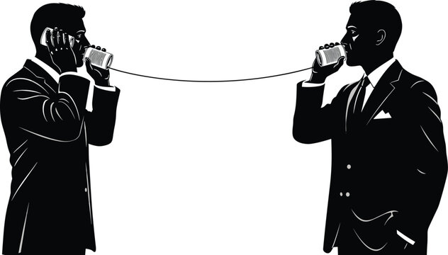 Business communication concept silhouettes showing two men talking with tin can phone connection isolated on white background