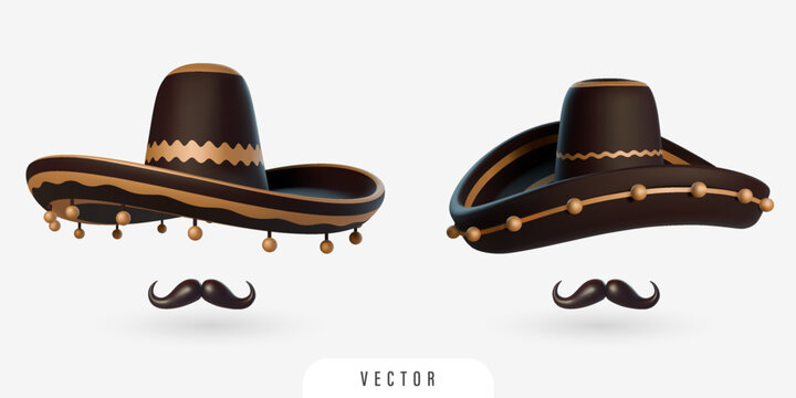 3D illustration of brown hat with golden ornament, fringe ball and mustache. Isolated vector design elements