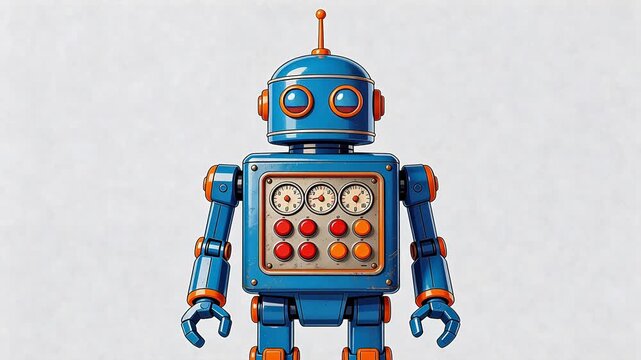 Blue retro style robot with dials and buttons