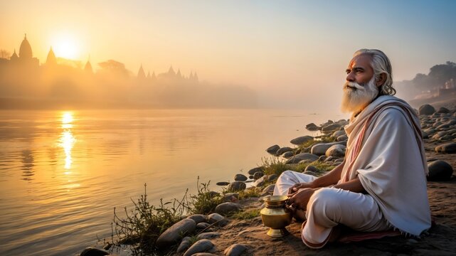Elderly Indian Sadhu Meditating by River at Sunrise with Ancient Temples