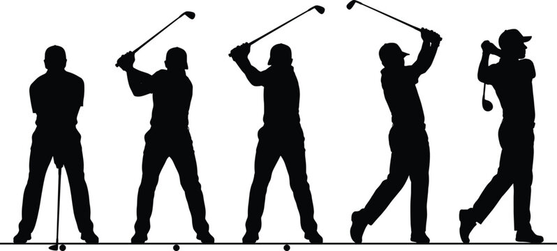 Golf swing sequence silhouette showing professional golfer motion steps isolated on white background for sports training concept