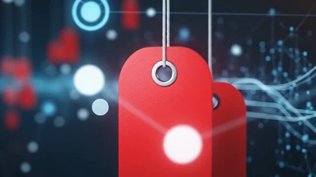 Red blank tags connected by abstract digital network lines and glowing nodes