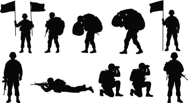 Military soldiers silhouette set in various poses including patrol aiming kneeling and flag holding isolated on white background