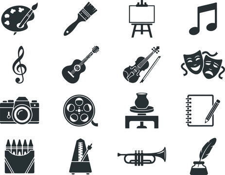 Set of black art and music icons featuring various creative hobbies and artistic tools like painting instruments musical instruments and cinema gear