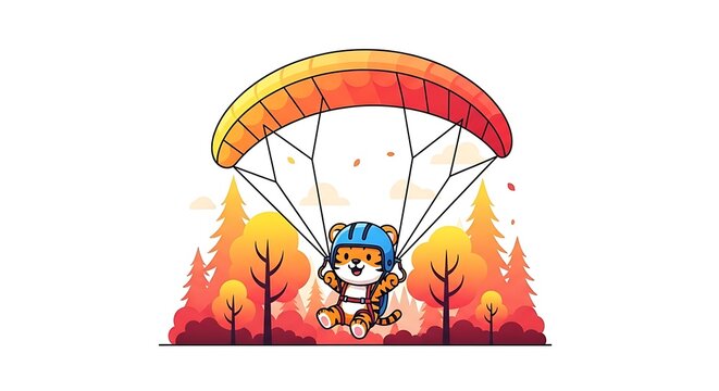 A happy, cartoon tiger in a blue helmet, joyfully paragliding through the air with a colorful canopy, over a stylized autumn forest