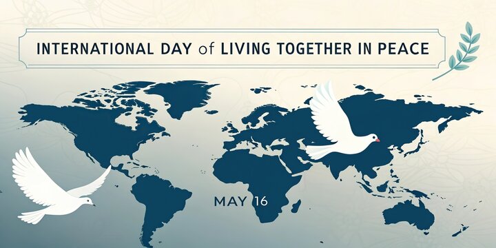 International day of living together in peace world map with dove olive branch harmony concept